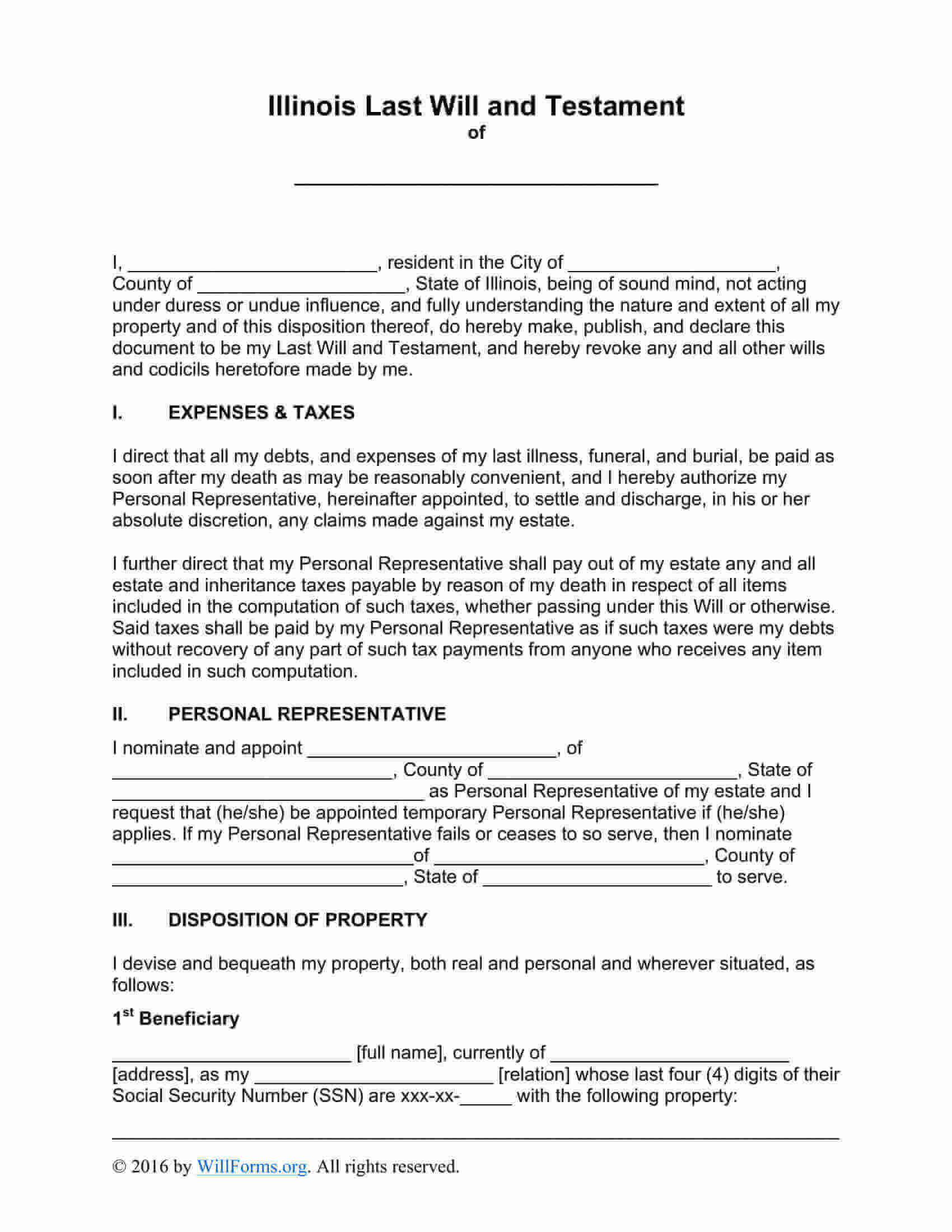 Free Illinois (Il) Last Will And Testament Template | Fillable Forms with regard to Illinois Sample Will Template