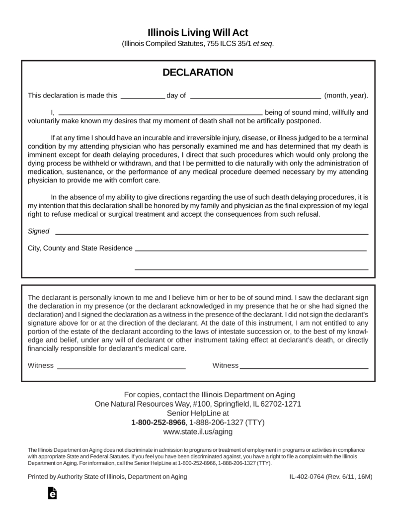 Free Illinois Living Will Form | Declaration Template - Pdf – Eforms pertaining to Illinois Sample Will Template