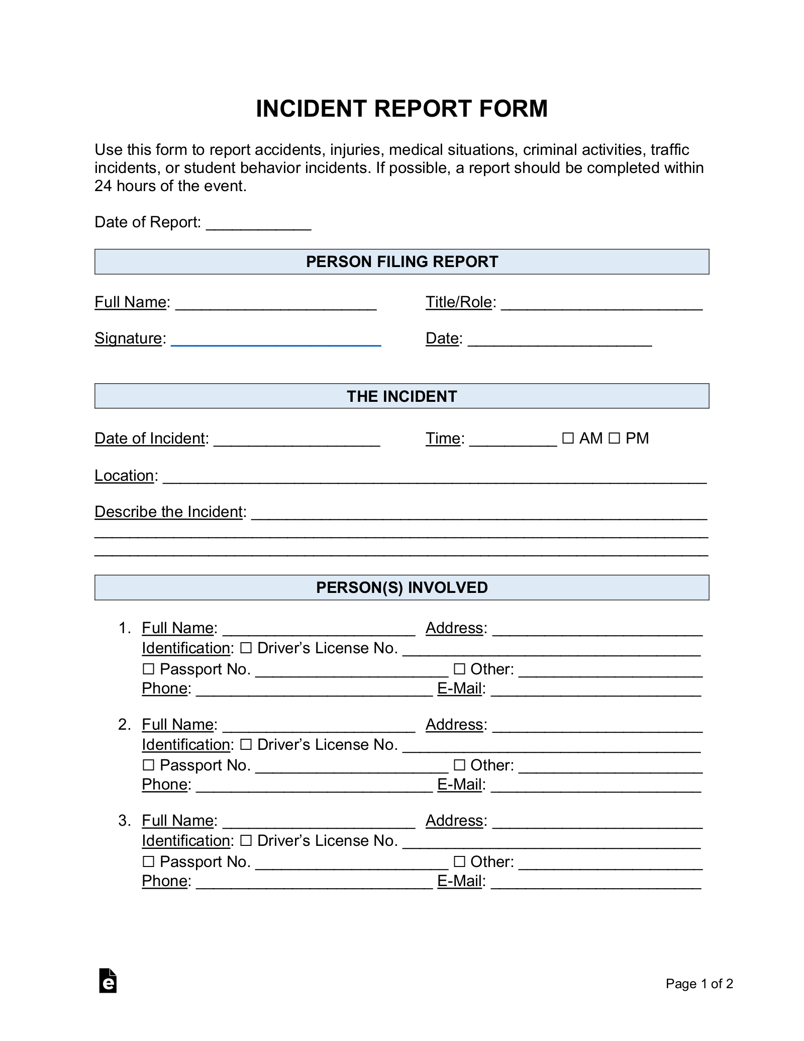 Free Incident Report Templates (18) | Sample - Pdf | Word – Eforms pertaining to Incident Report Form Sample Templates