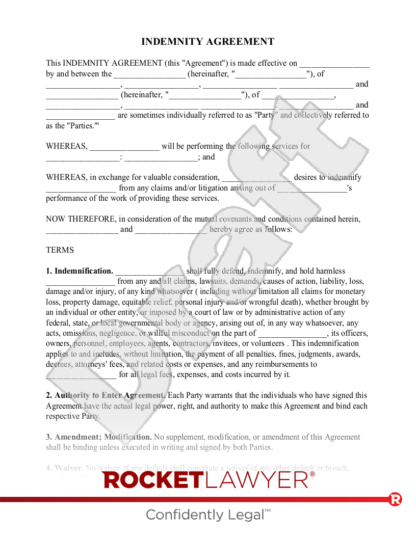 Free Indemnity Agreement Template &amp;amp; Faqs - Rocket Lawyer with regard to Indemnity Letter Template Sample