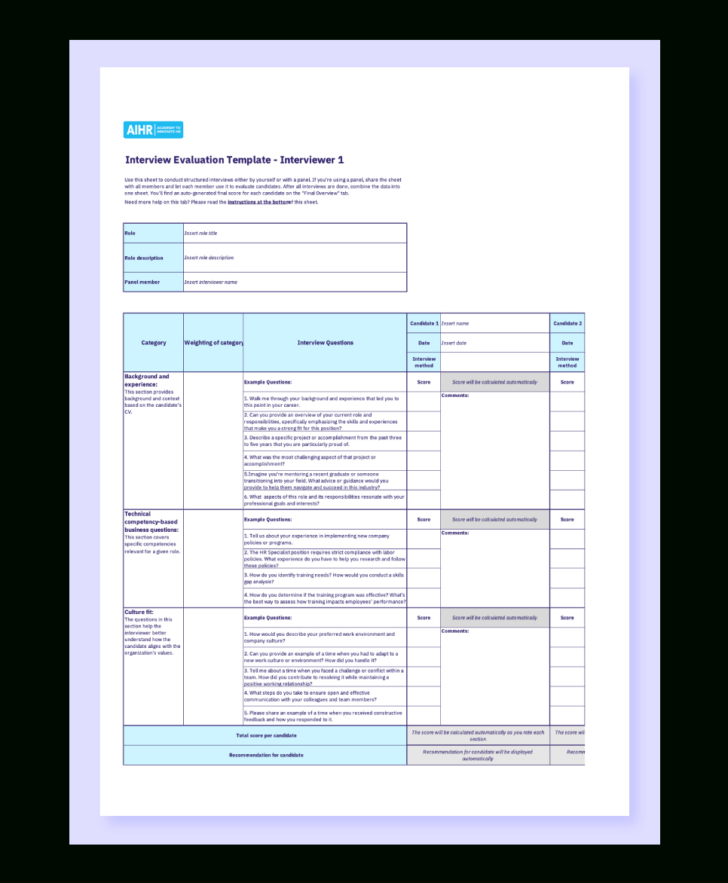 Printable Interview Score Sheet Sample Template