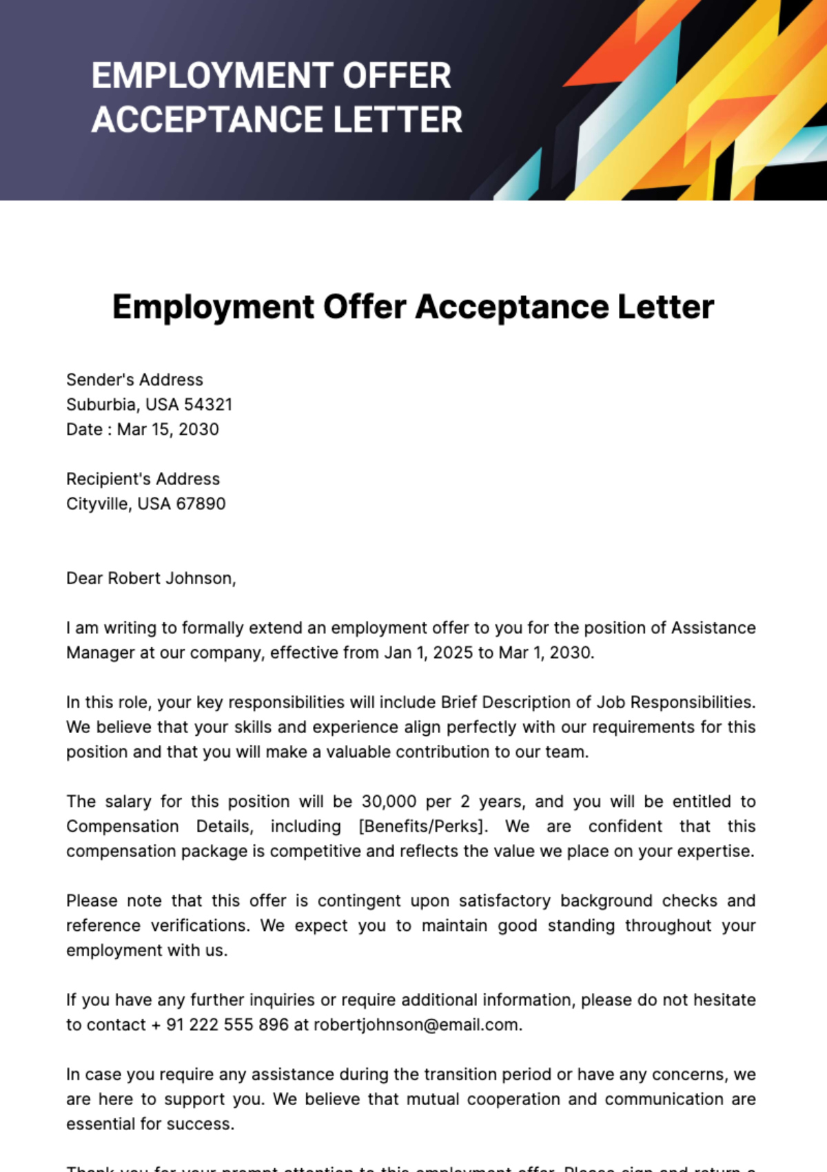 Free Job Acceptance Letter Templates - Download In Word, Google intended for Job Acceptance Letter Sample Template