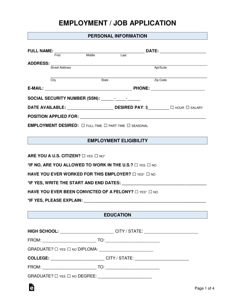 Free Job Application Form (Standard Template) - Pdf | Word – Eforms regarding Employment Application Form Template Sample