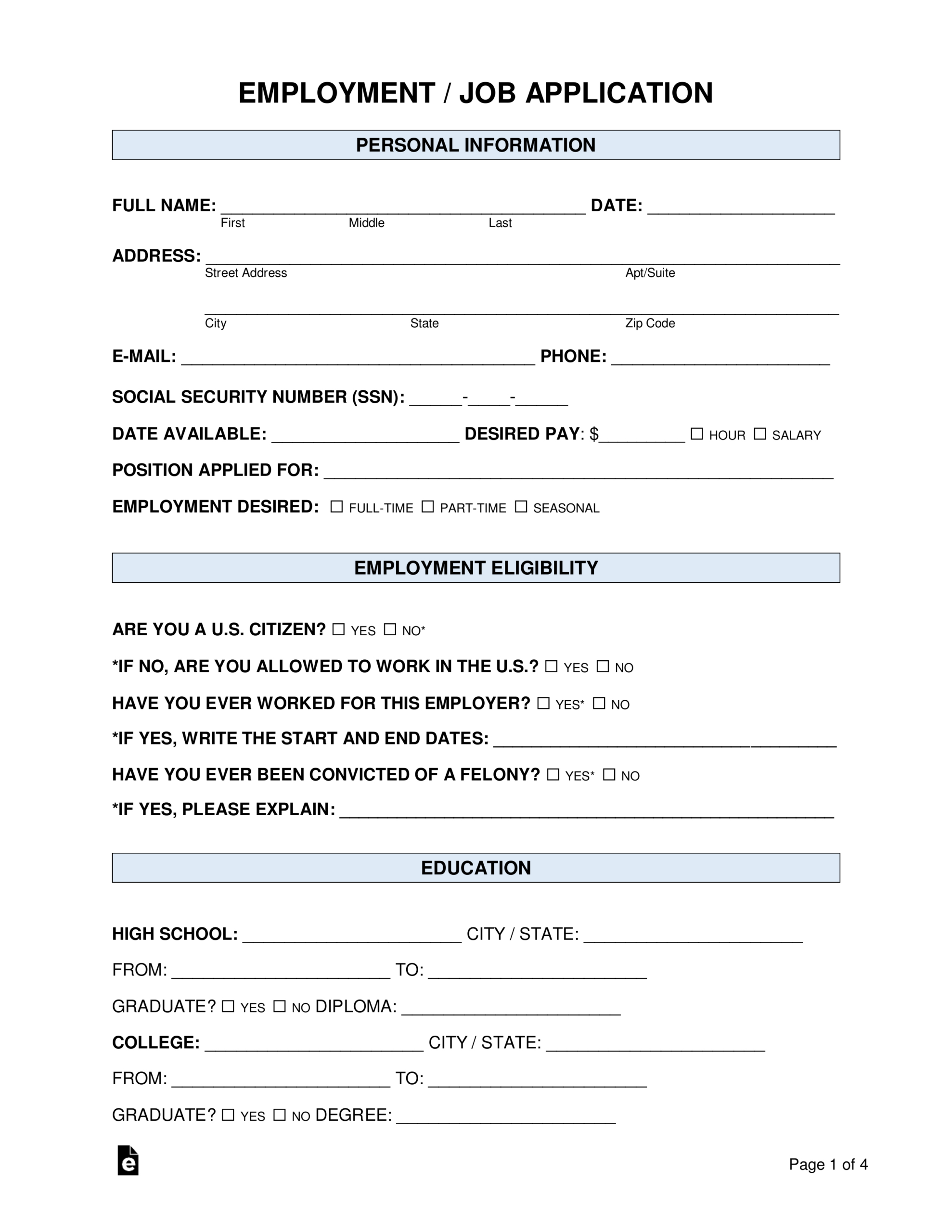 Free Job Application Form (Standard Template) - Pdf | Word – Eforms with regard to Employment Form Sample Template