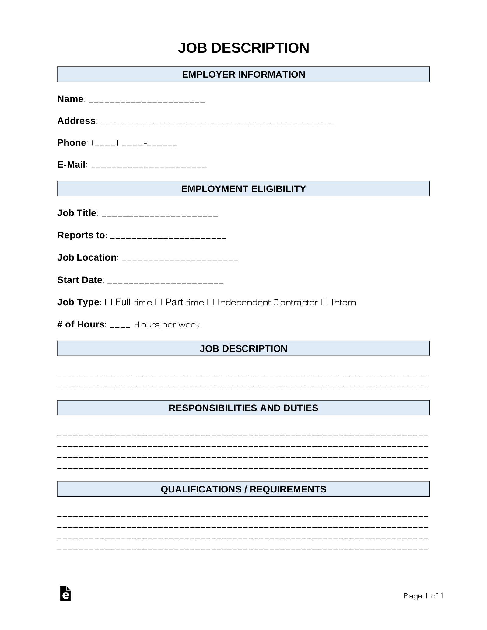 Free Job Description Template | Sample - Pdf | Word – Eforms inside Job Profile Template Sample