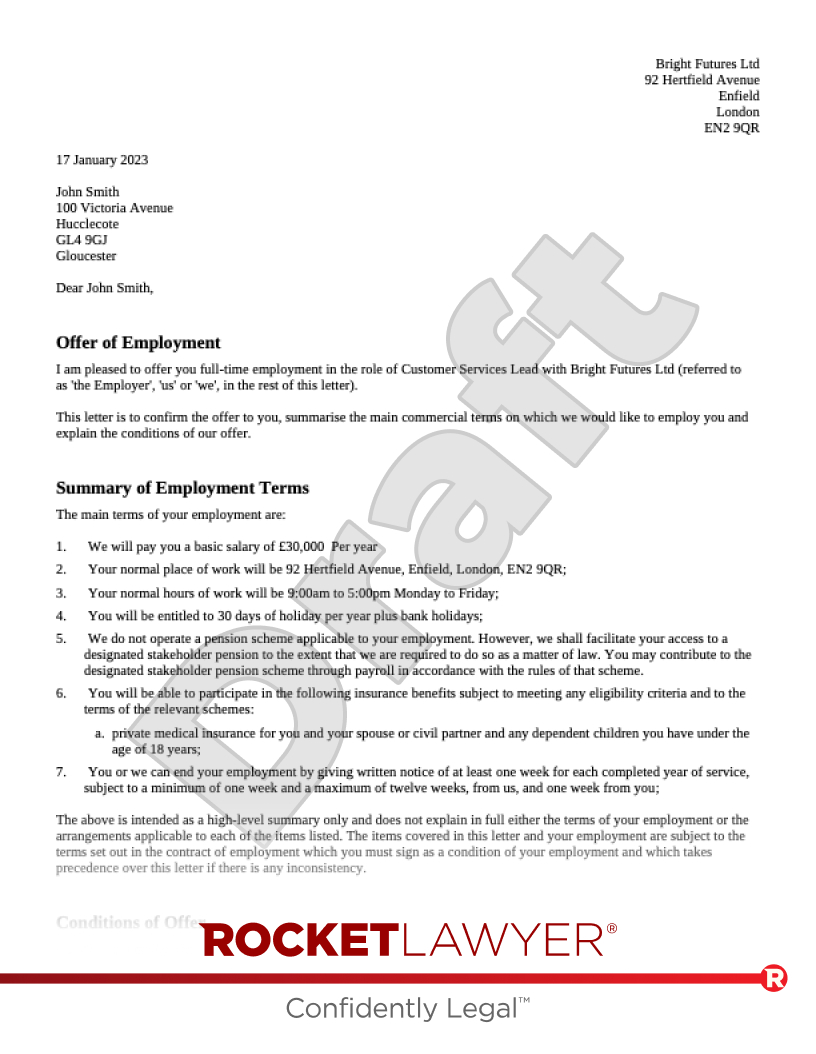 Free Job Offer Letter | Template &amp;amp; Faqs - Rocket Lawyer Uk within Job Offer Template Sample