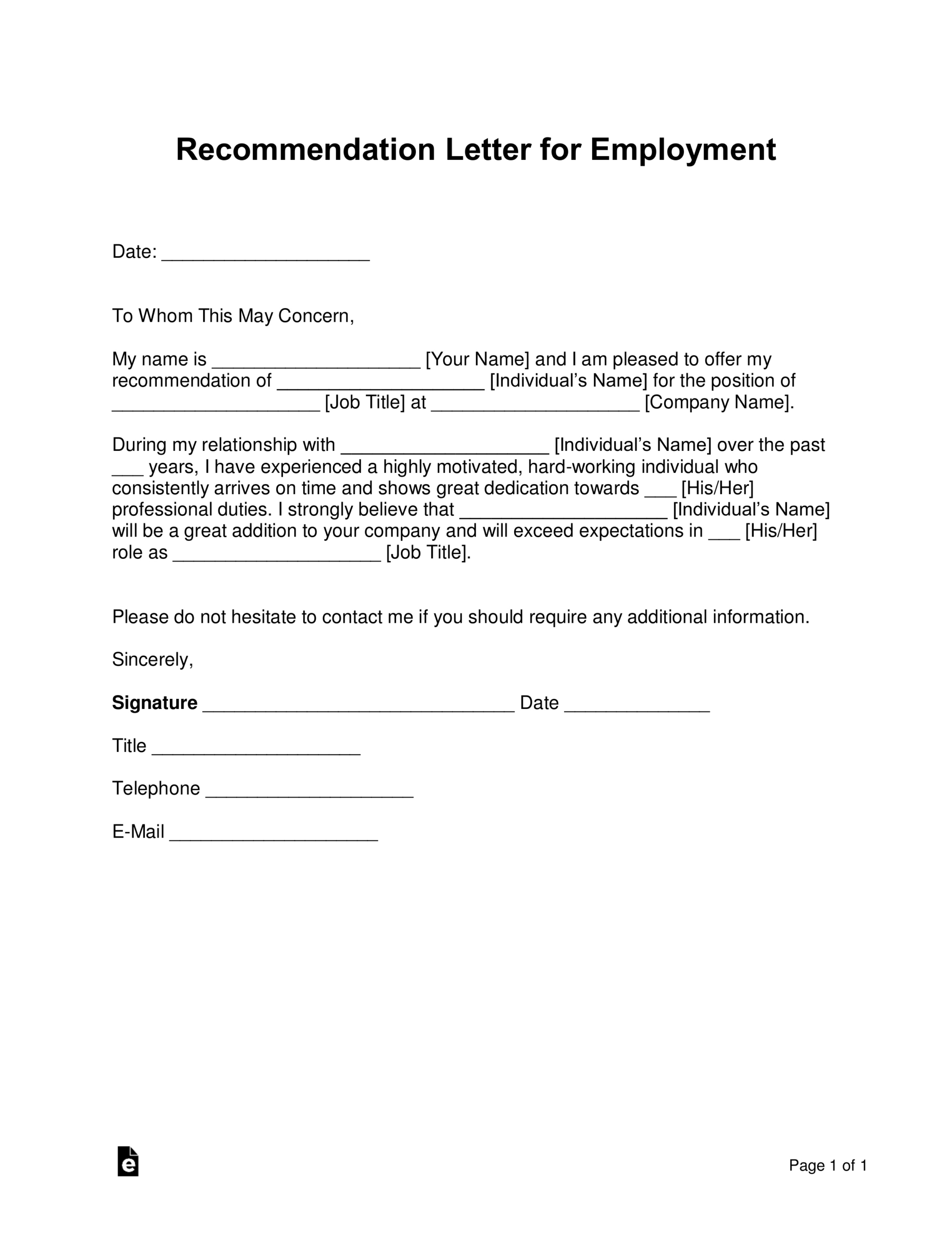 Free Job Recommendation Letter Template - With Samples - Pdf for Employment Reference Letter Sample Template