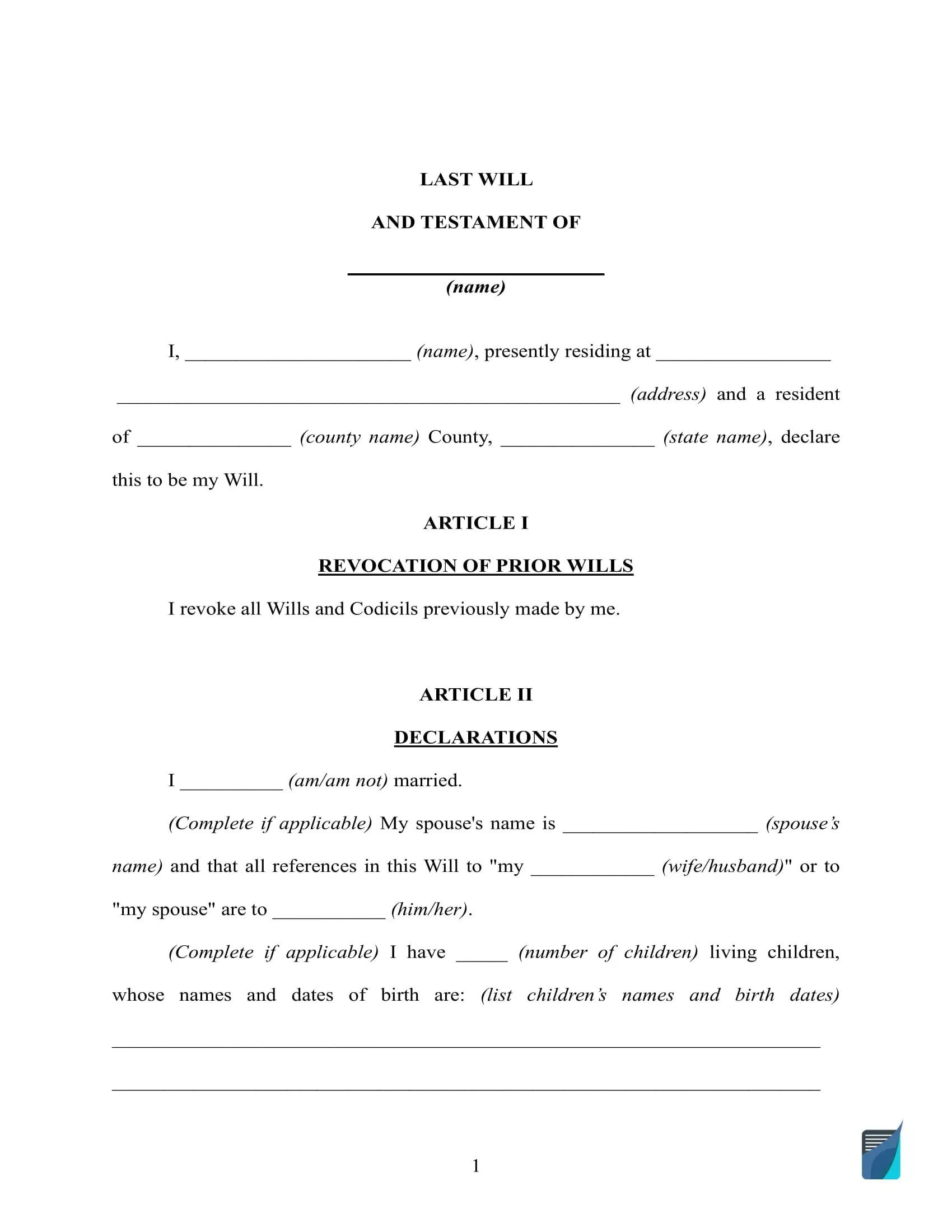 Free Last Will And Testament Template ⇒ Will Forms In Pdf And Doc in Will And Testament Template Sample