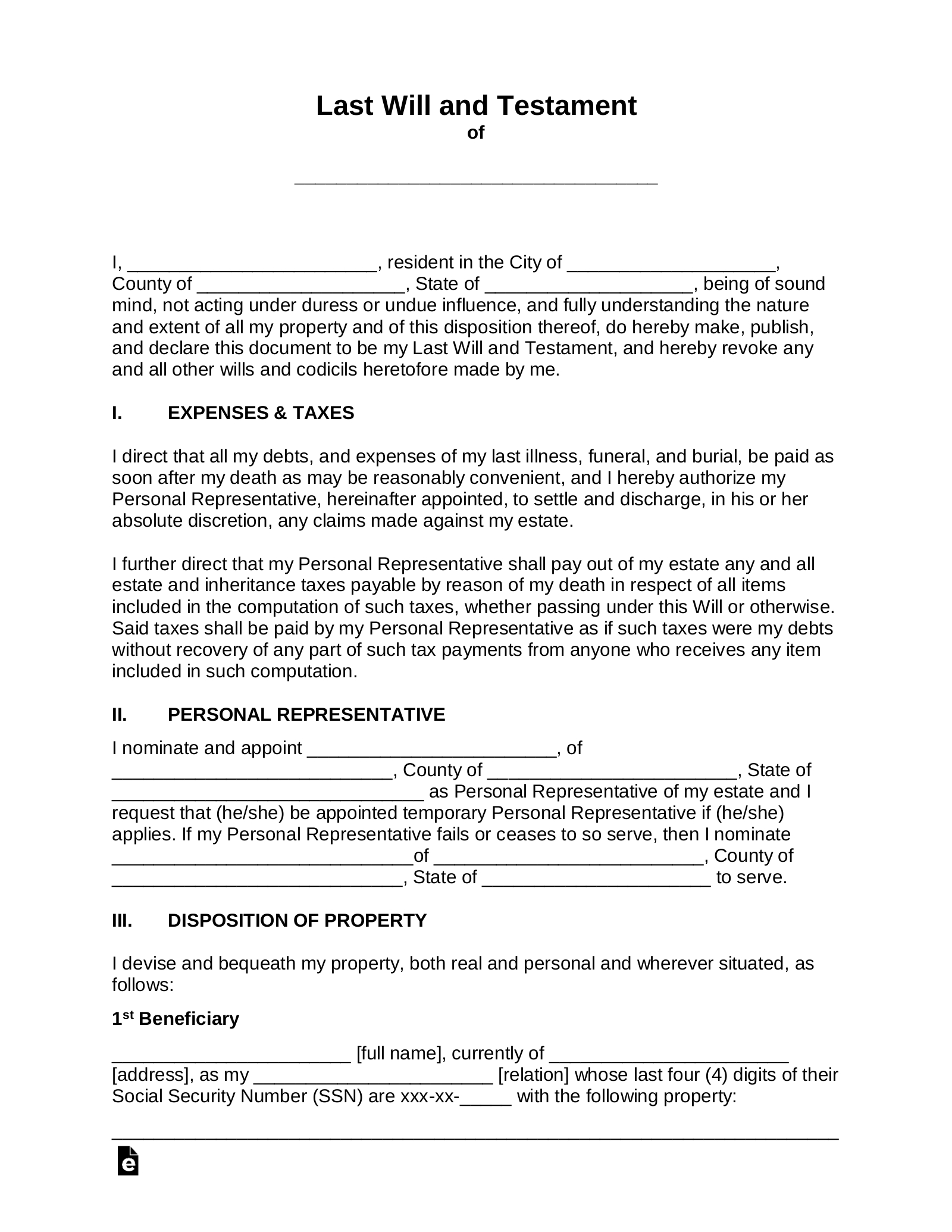 Free Last Will And Testament (Will) - Pdf | Word – Eforms in Will Template Sample