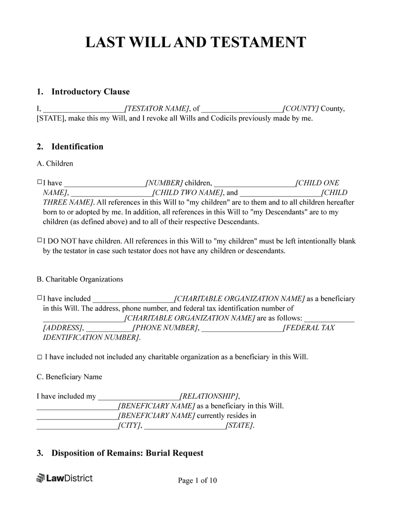 Free Last Will &amp;amp; Testament Form | Printable Pdf &amp;amp; Word | Lawdistrict in Will Template Sample