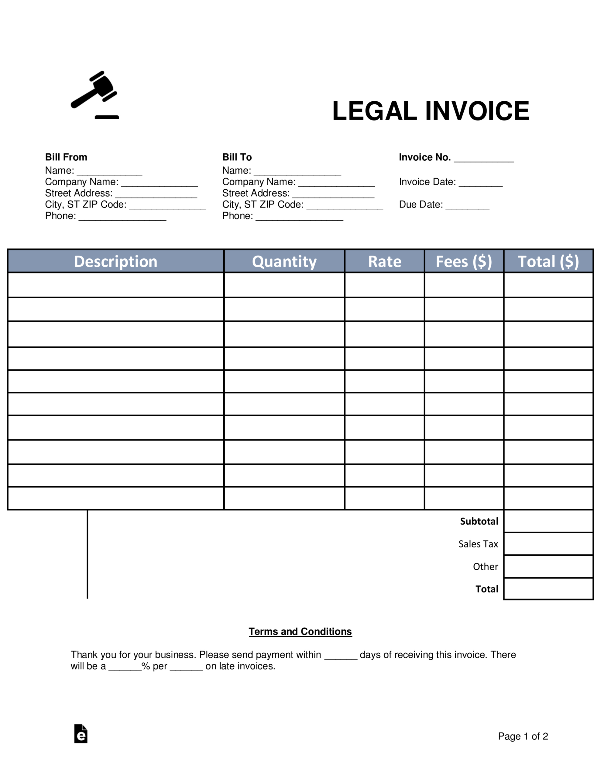 Free Lawyer/Attorney Legal Invoice Template - Pdf | Word – Eforms regarding Sample Attorney Invoice Template