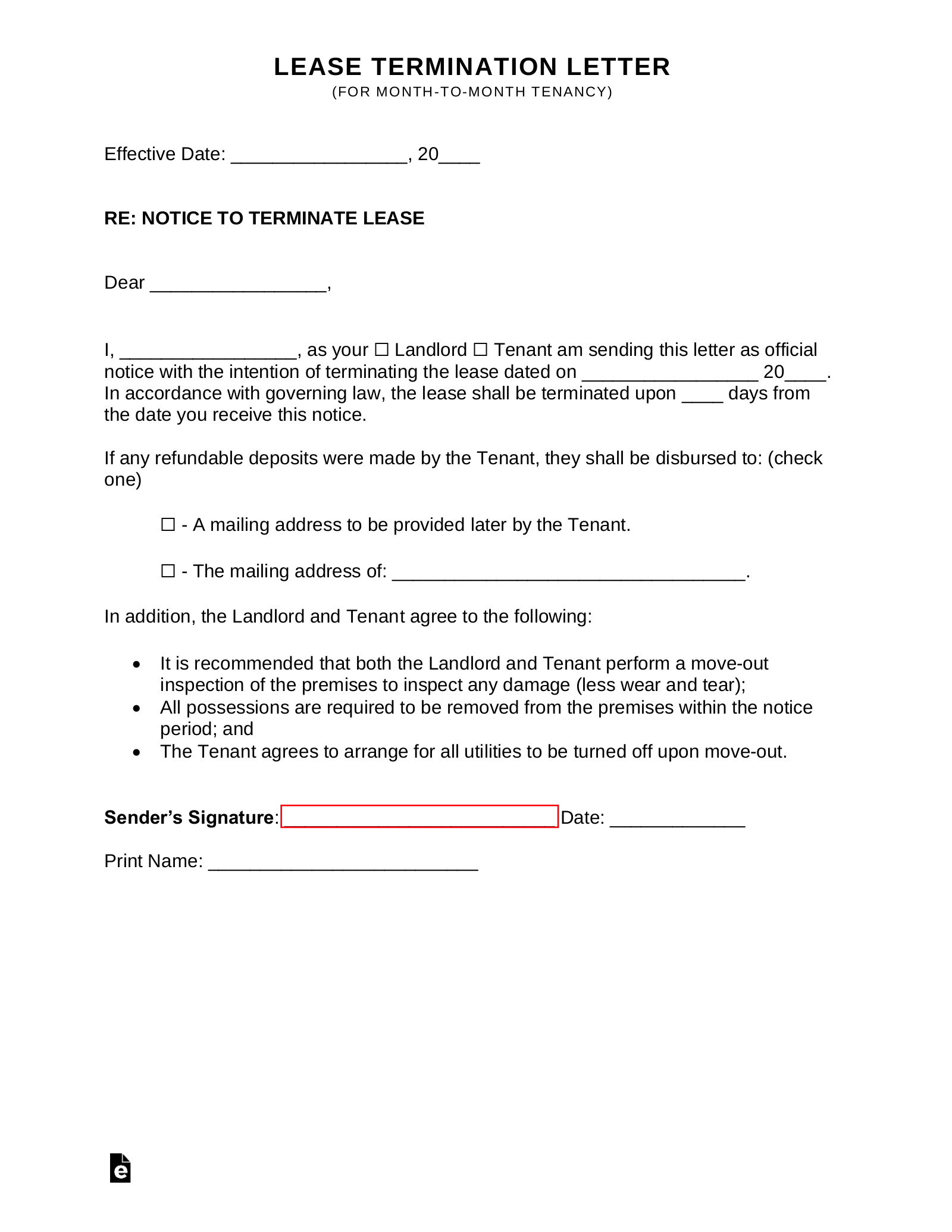 Free Lease Termination Letter (Month-To-Month Tenancy) | 30-Day for Template Sample For 30 Day Notice to Vacate