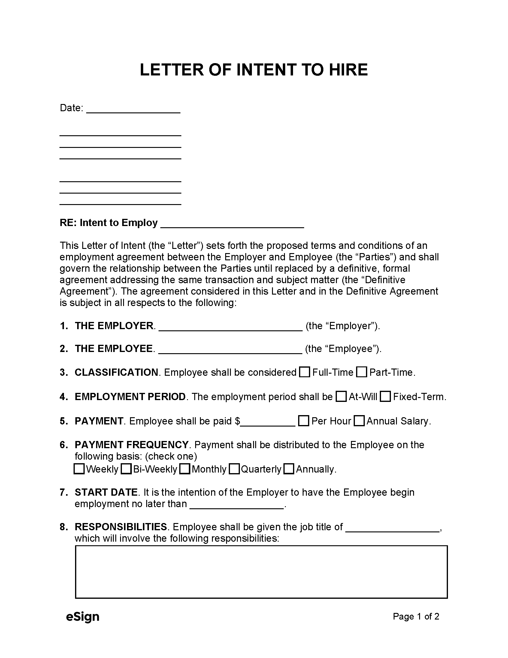 Free Letter Of Intent To Hire | Pdf | Word regarding Internship Letter Of Intent Sample Template