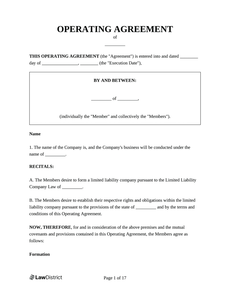 Free Llc Operating Agreement Template (Us) | Lawdistrict for Llc Operating Agreement Sample Template