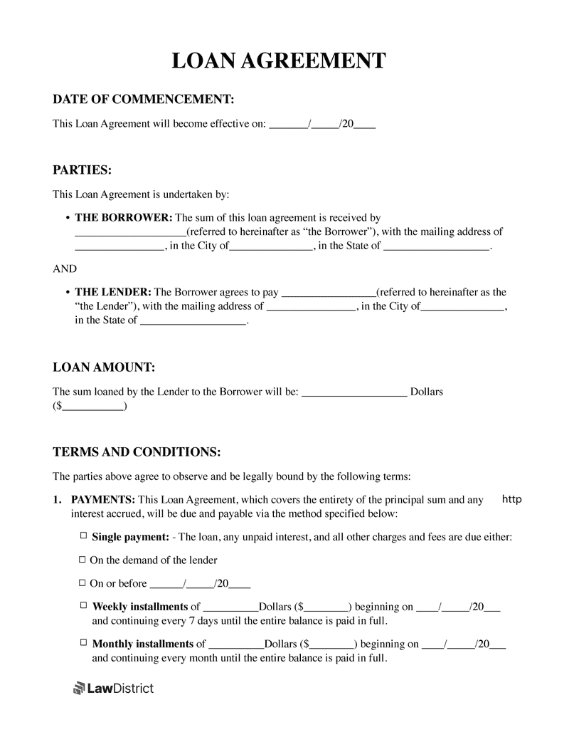 Free Loan Agreement Template | Loan Contract | Lawdistrict for Personal Loan Agreement Template Sample