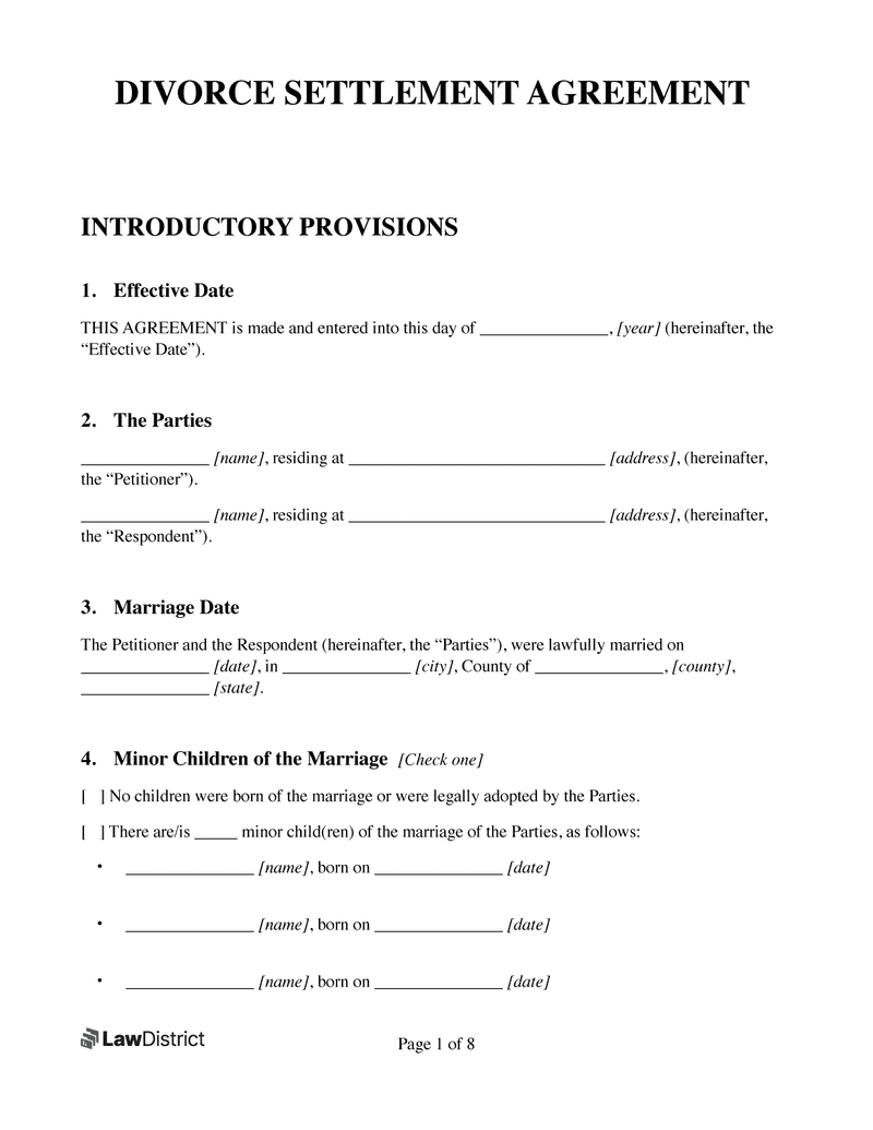 Free Marital Settlement Agreement | Divorce Template | Lawdistrict intended for Divorce Agreement Template Sample