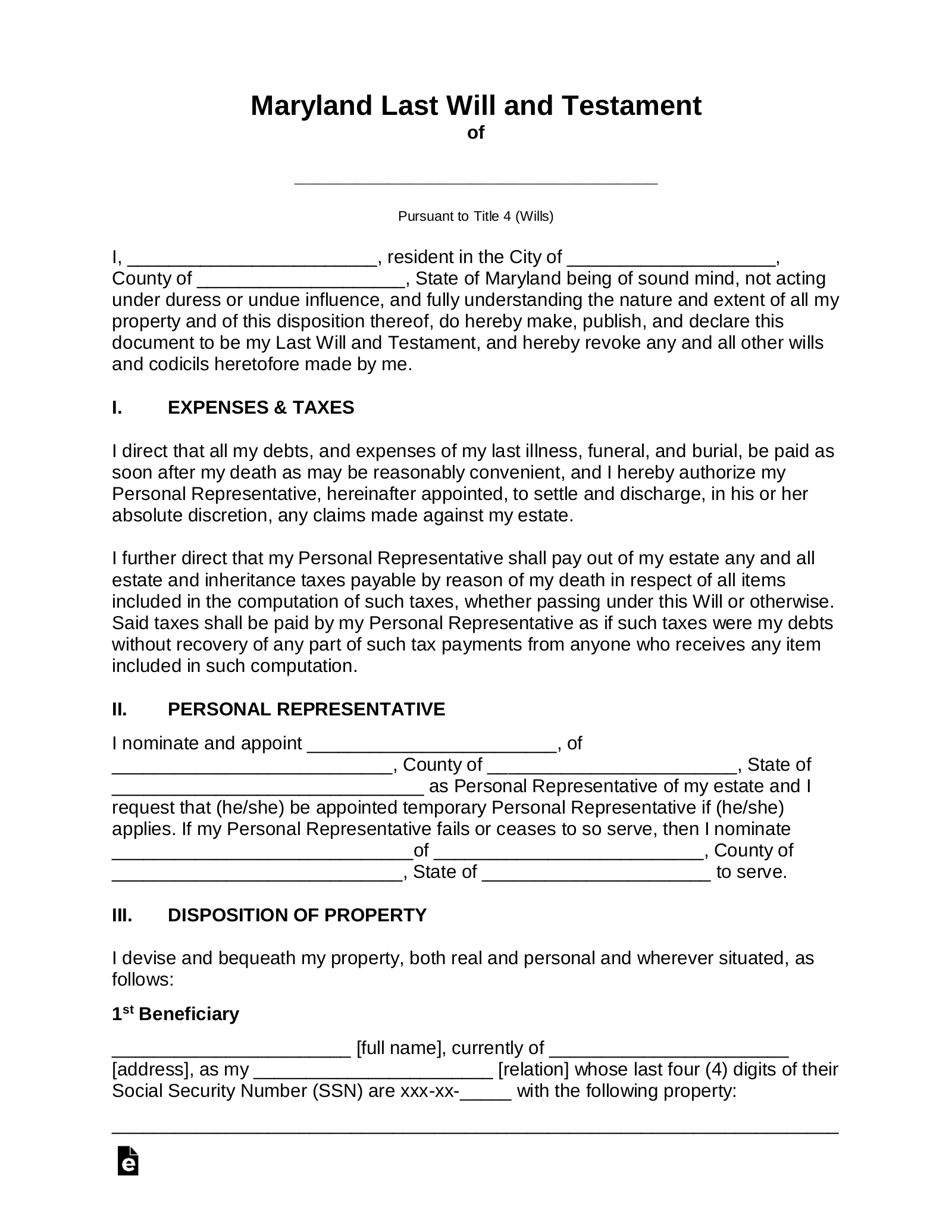 Free Maryland Last Will And Testament Template - Pdf | Word – Eforms throughout Will Template Sample for Maryland