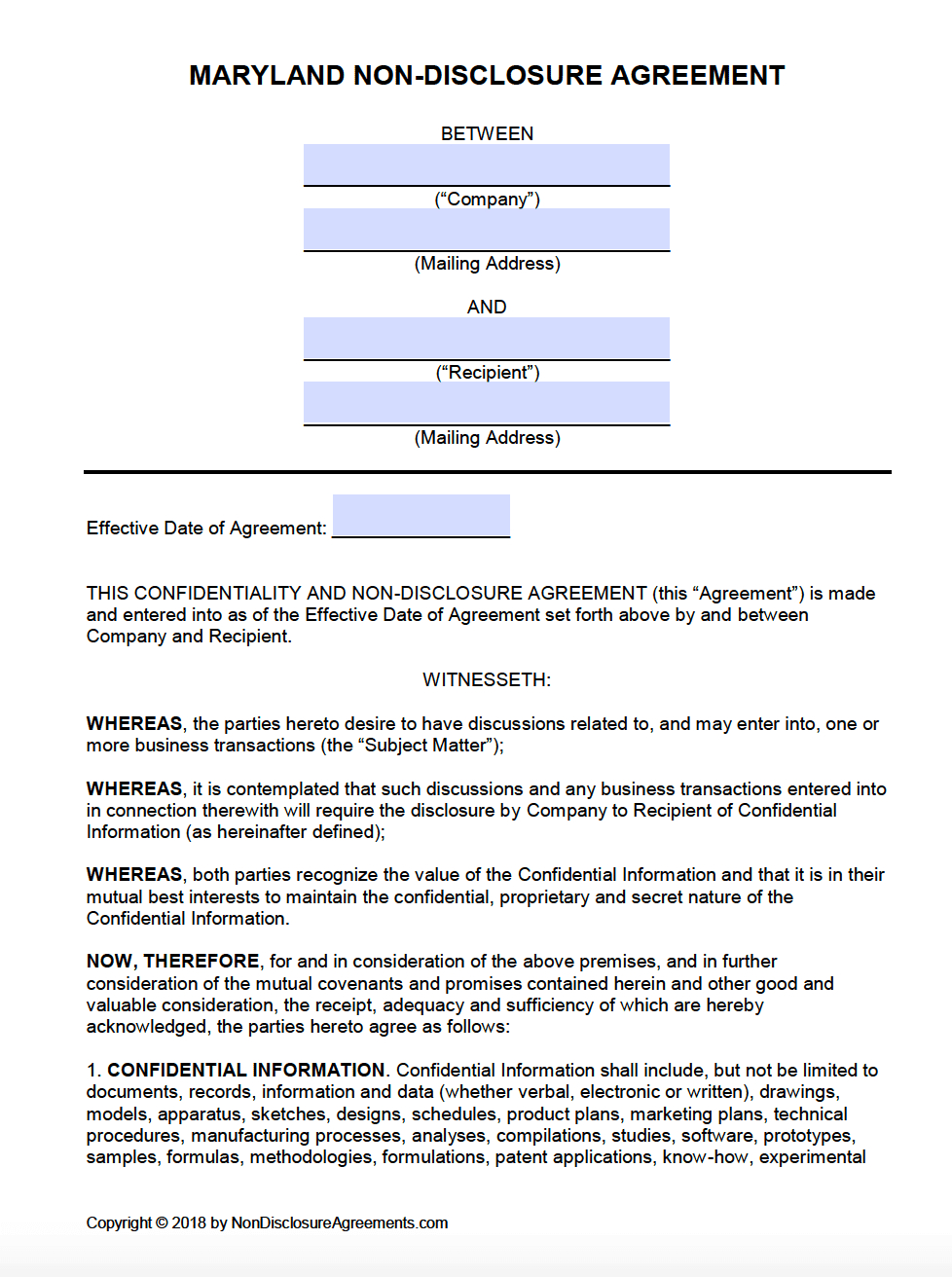 Free Maryland Non-Disclosure Agreement (Nda) Template | Pdf | Word within Sample Non Disclosure Agreement Template