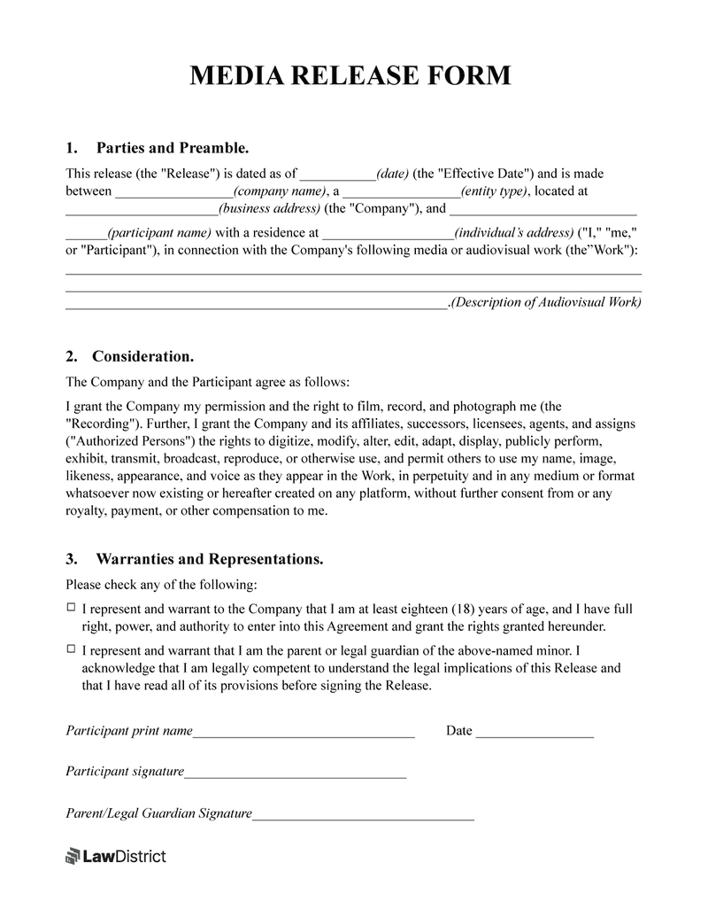 Free Media Release Form | Pdf Template &amp;amp; Sample | Lawdistrict pertaining to Release Document Sample Template