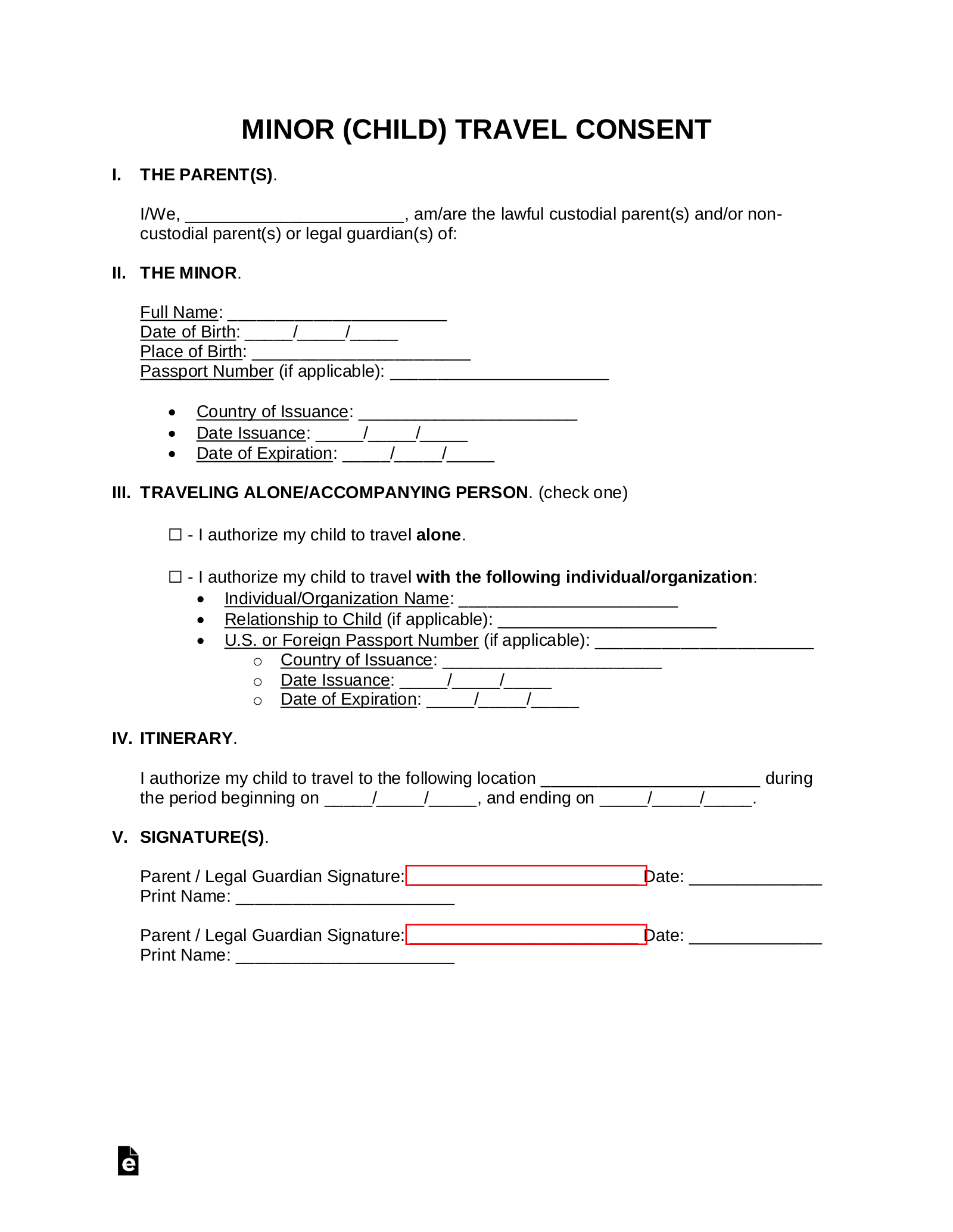 Free Minor (Child) Travel Consent Form - Pdf | Word – Eforms throughout Parental Consent Form Sample Template