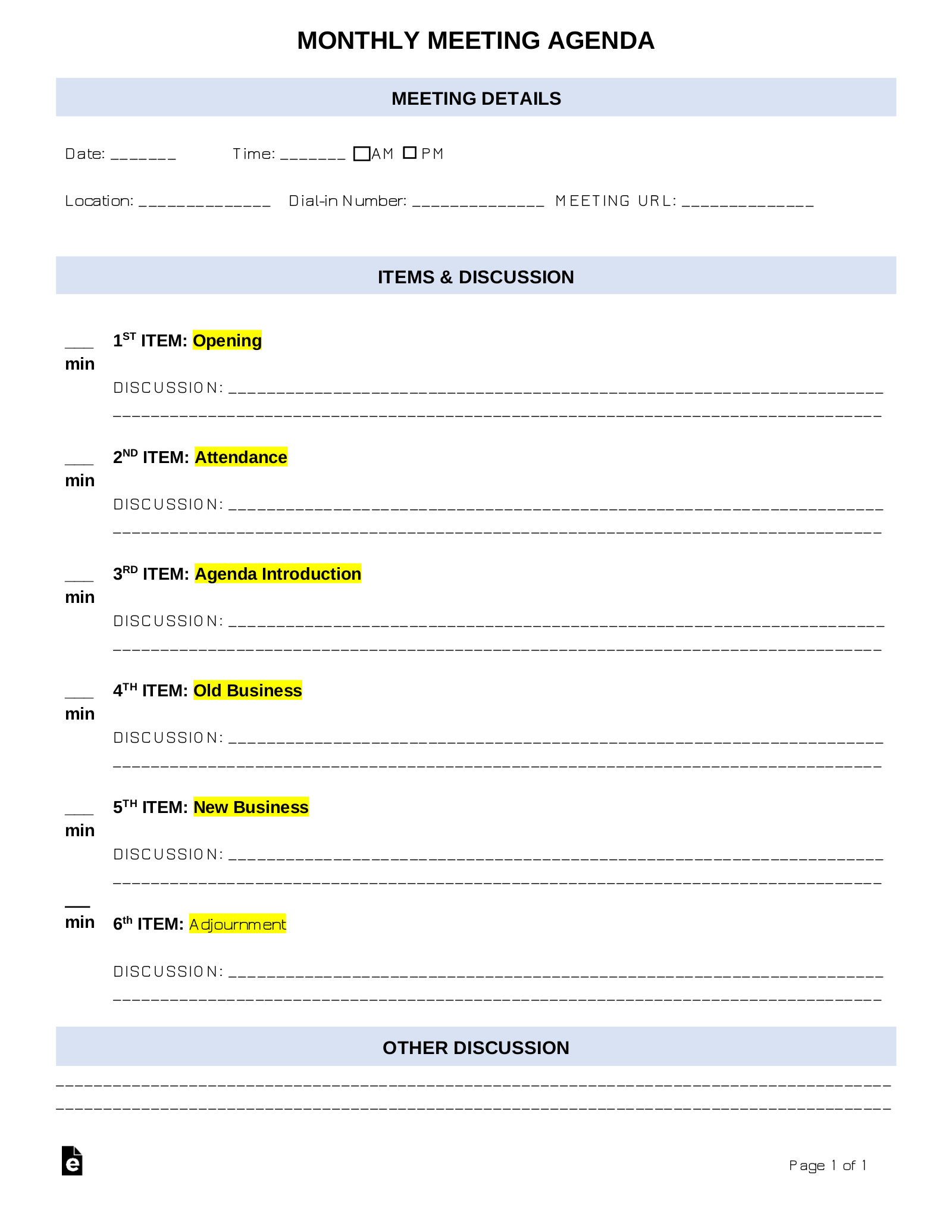 Free Monthly Meeting Agenda Template - Pdf | Word – Eforms within Meeting Agenda Sample Template