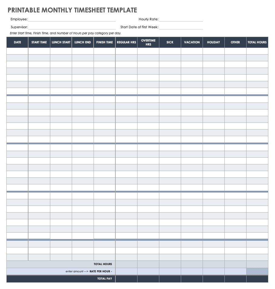 Free Monthly Timesheet &amp;amp; Time Card Templates | Smartsheet in Timesheet Template Sample Free