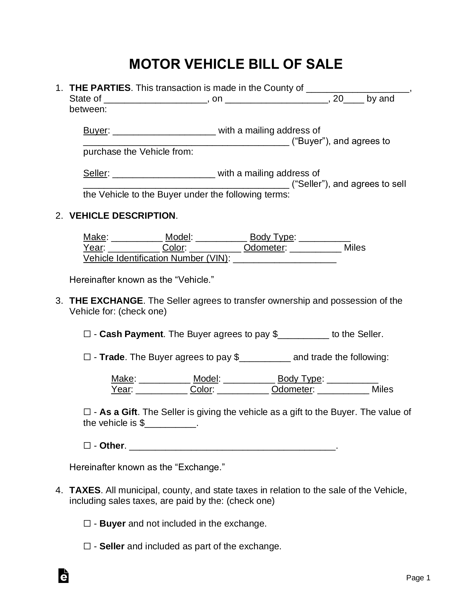 Free Motor Vehicle (Dmv) Bill Of Sale Form - Pdf | Word – Eforms throughout Bill Of Sale Sample Template