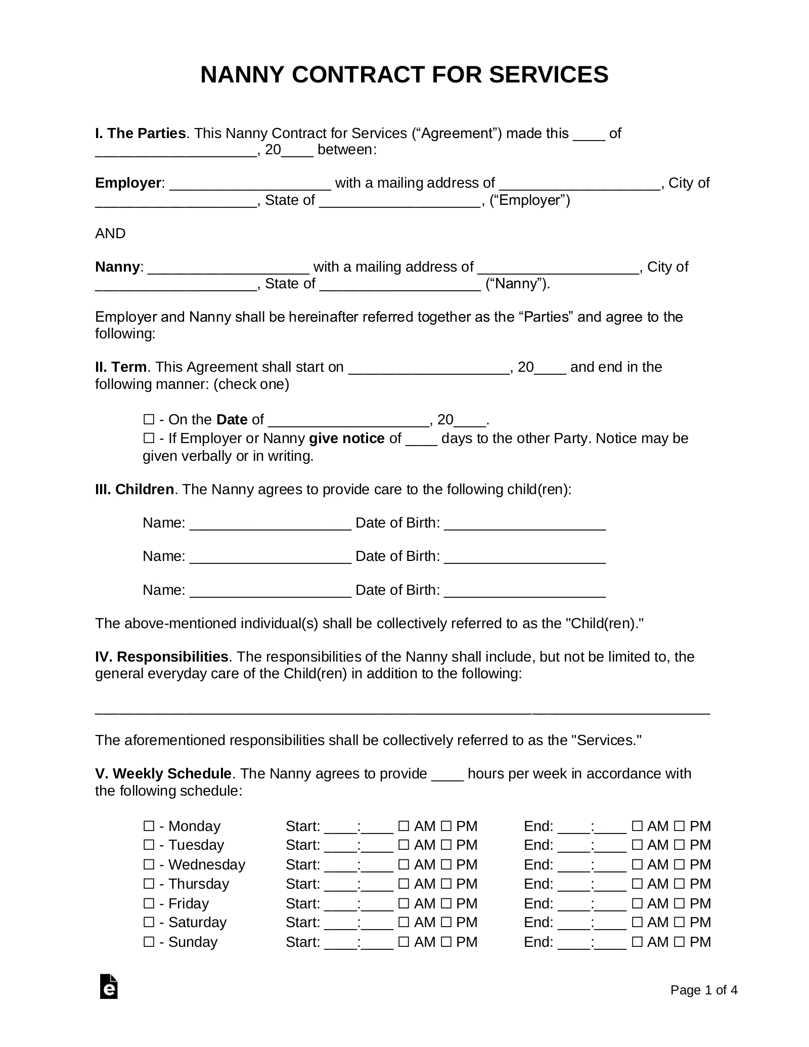 Free Nanny Contract Template - Samples - Pdf | Word – Eforms pertaining to Nanny Contract Sample Template