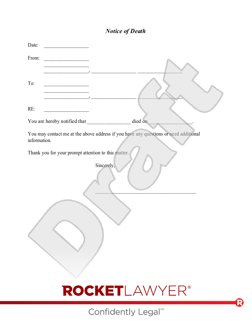 Free Notice Of Death Template &amp;amp; Faqs - Rocket Lawyer inside Free Executor Letter Sample Template