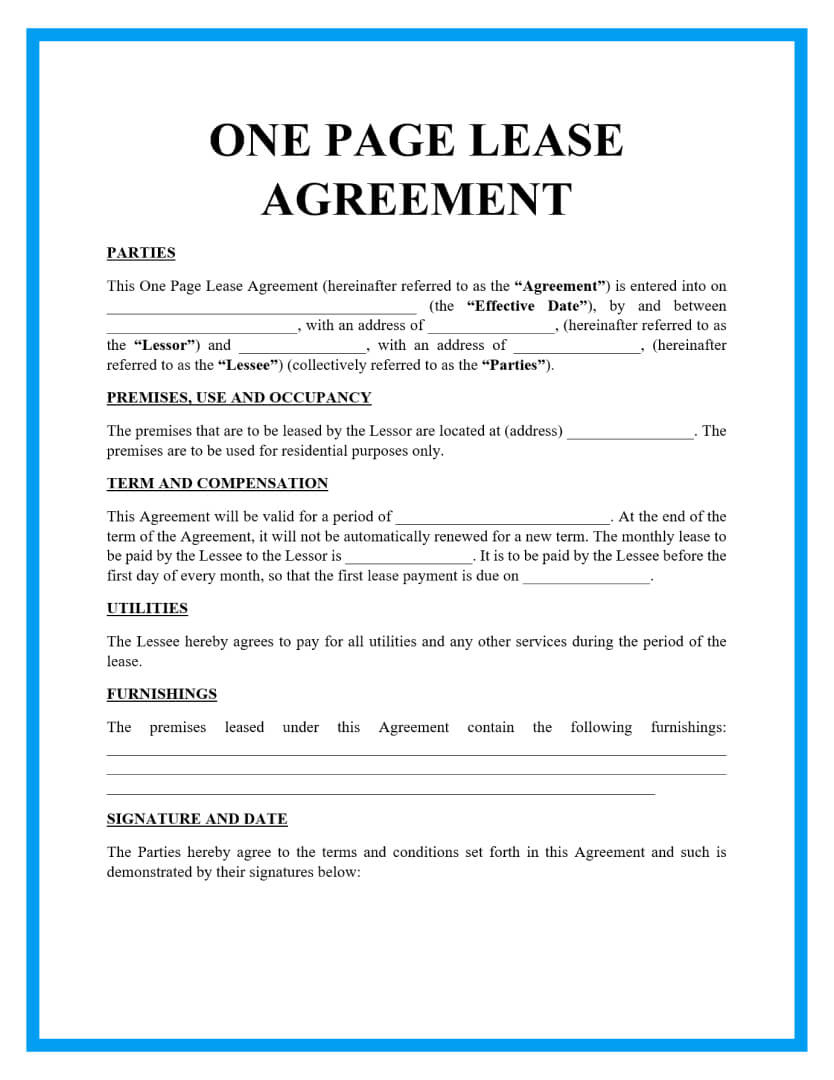 Free One Page Lease Agreement Templates intended for Lease Sample Template