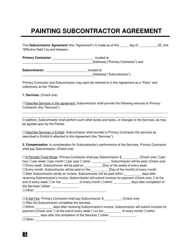 Free Painting Subcontractor Agreement Template | Pdf &amp;amp; Word intended for Painting Contract Template Sample