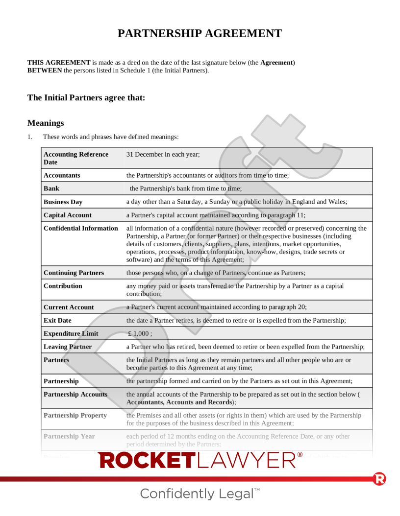 Free Partnership Agreement | Template &amp;amp; Faqs - Rocket Lawyer Uk for Business Partnership Agreement Template Sample