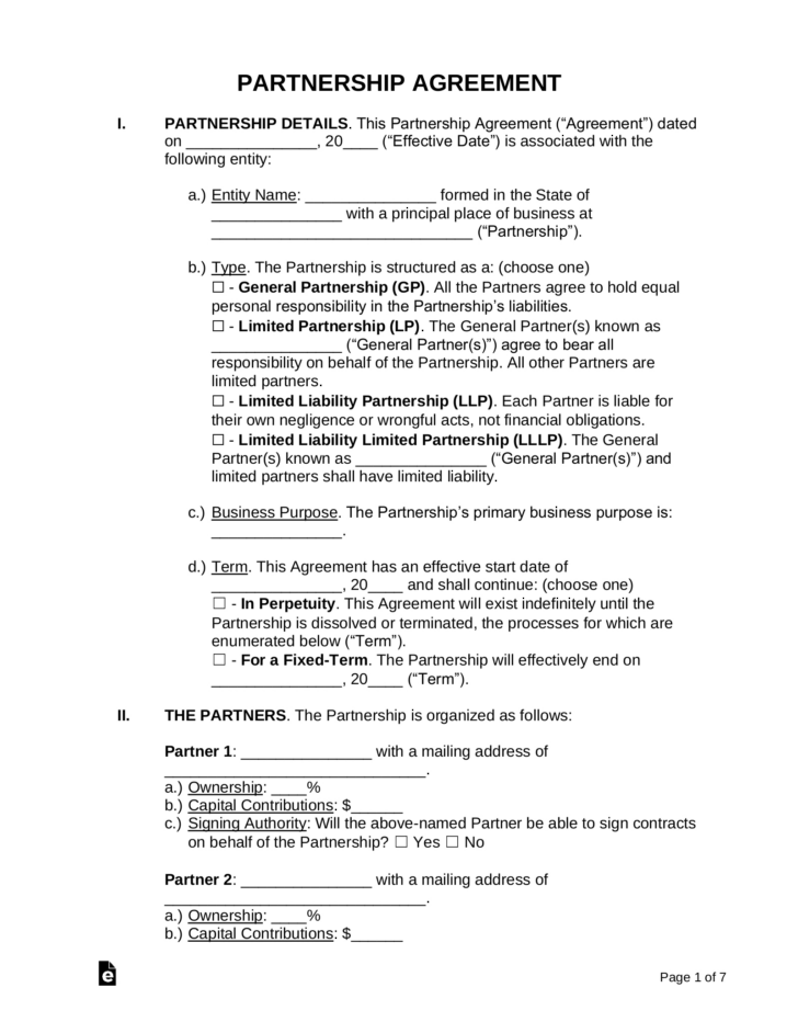 Partnership Agreement Template Sample