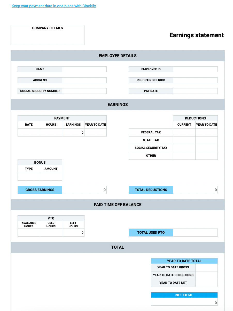 Free Pay Stub Templates — Clockify regarding Payroll Check Stub Template Sample