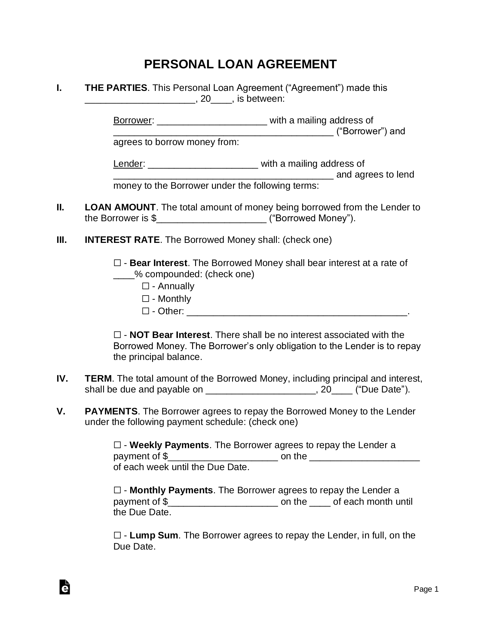 Free Personal Loan Agreement Template | Sample - Pdf | Word – Eforms inside Personal Loan Contract Sample Template