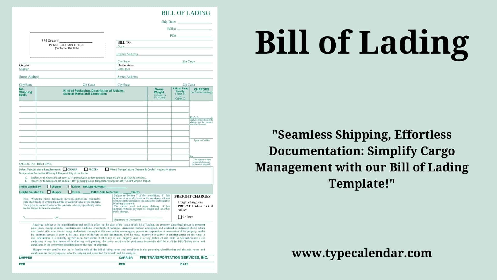 Free Printable Bill Of Lading Templates [Excel, Word, Pdf] with regard to Bill of Lading Sample Template