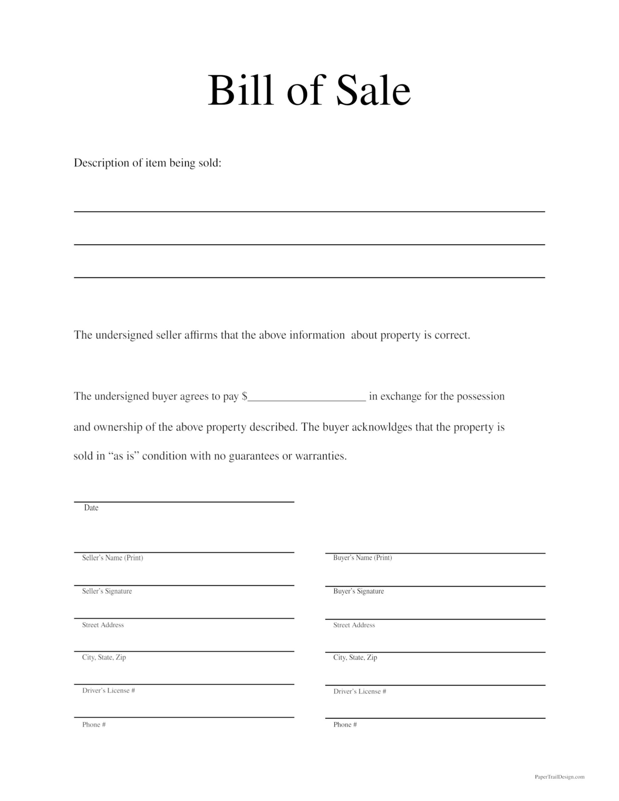 Free Printable Bill Of Sale Template - Paper Trail Design with Bill Of Sale Sample Template