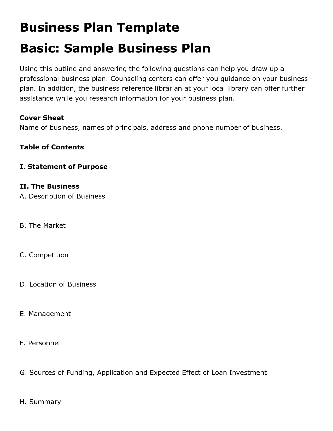 Free Printable Business Plan Template Form (Generic) within Simple Business Plan Template Sample