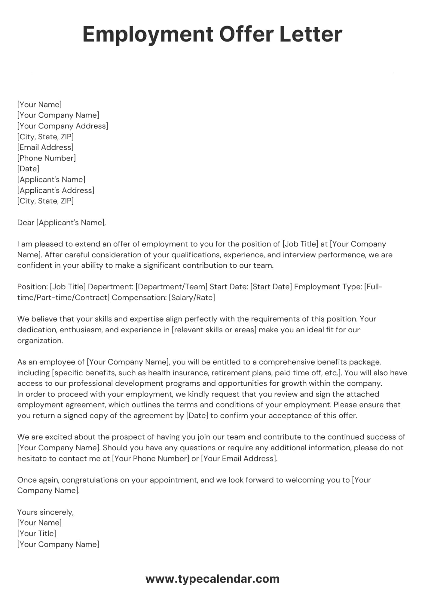 Free Printable Employment Offer Letter Templates [Pdf &amp;amp; Word] with regard to Job Offer Template Sample