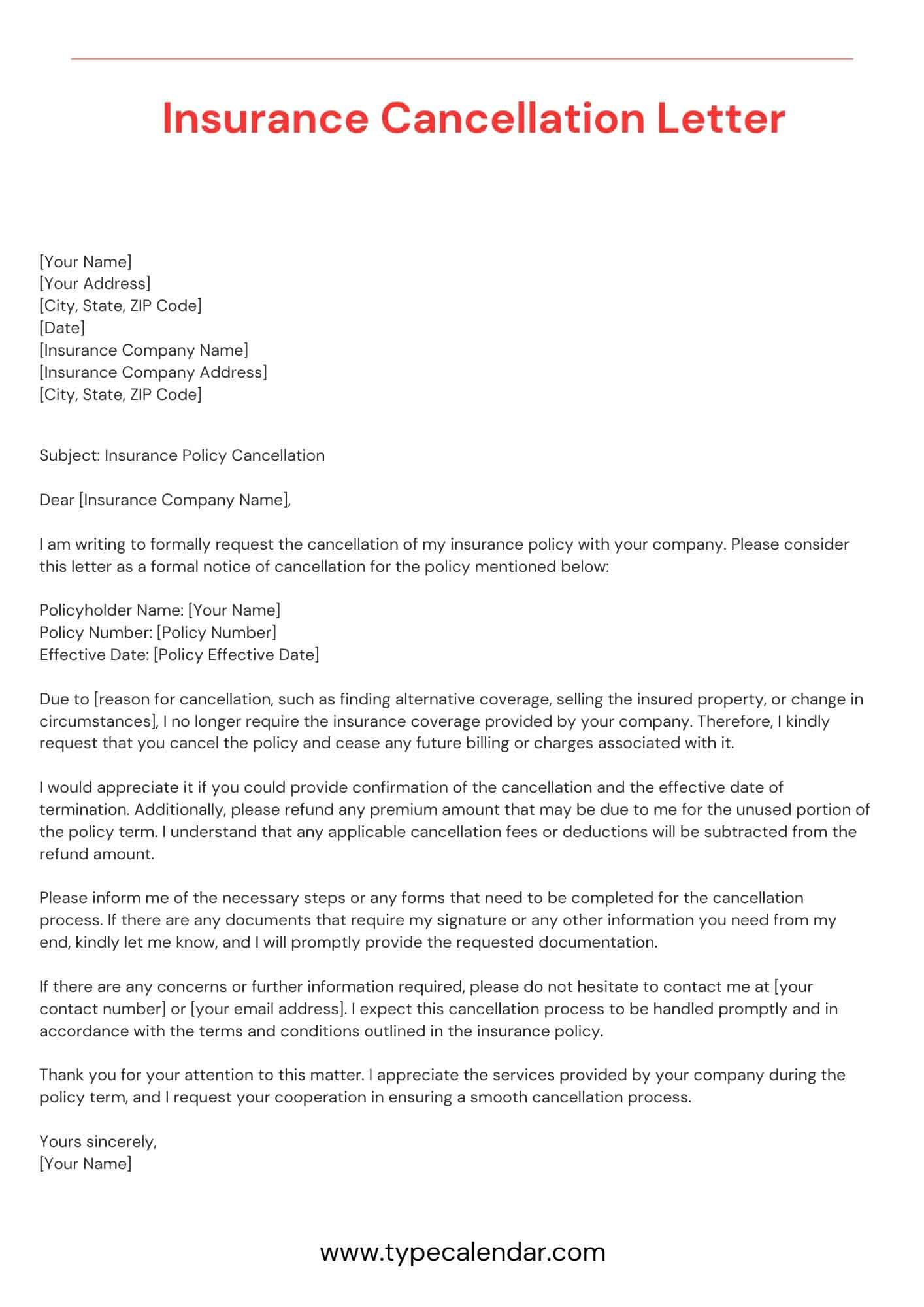 Free Printable Insurance Cancellation Letter Templates [Pdf, Word] within No Refund Policy Sample Template