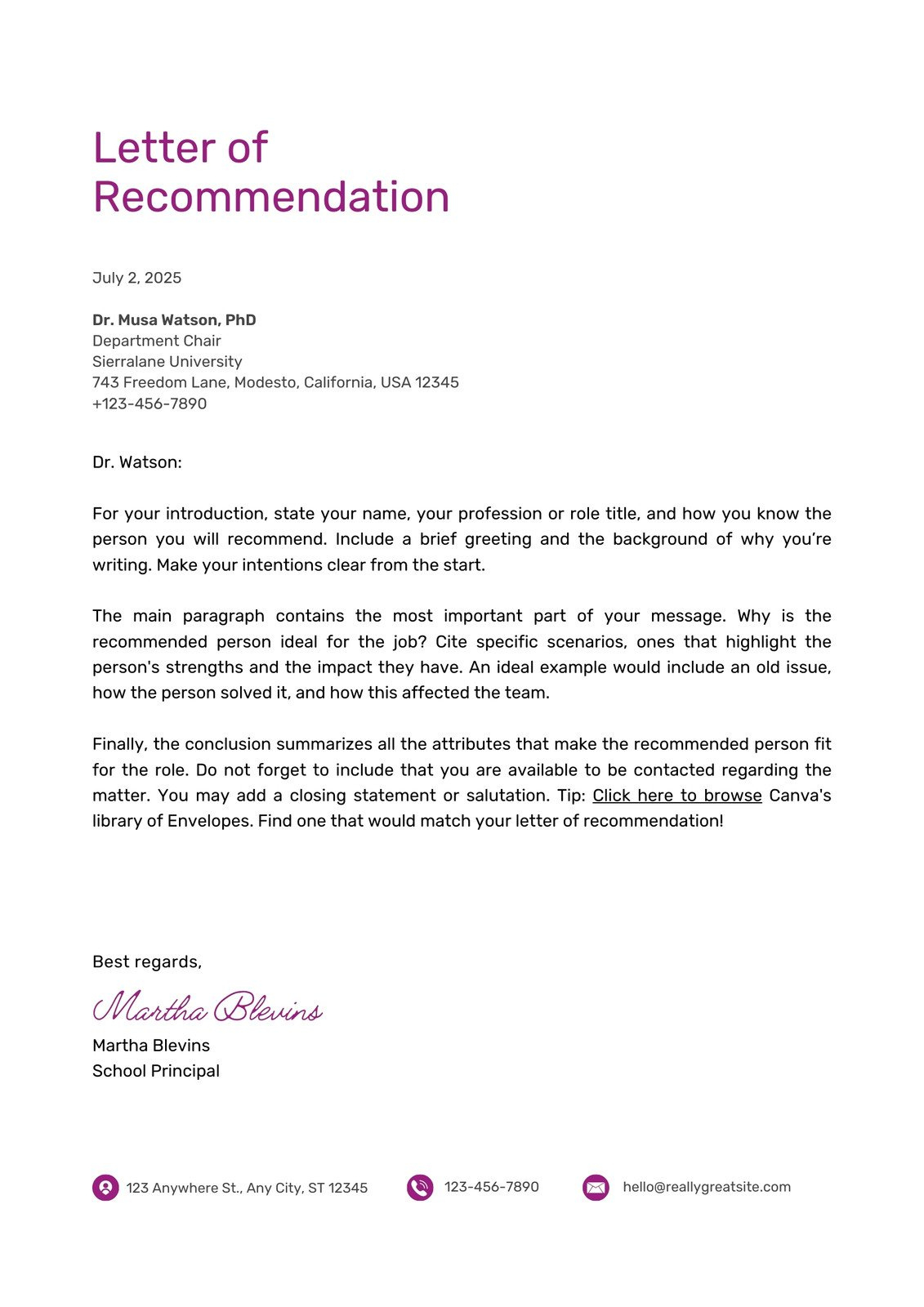 Free Printable Letter Of Recommendation Templates | Canva in Recommendation Letter Template Sample