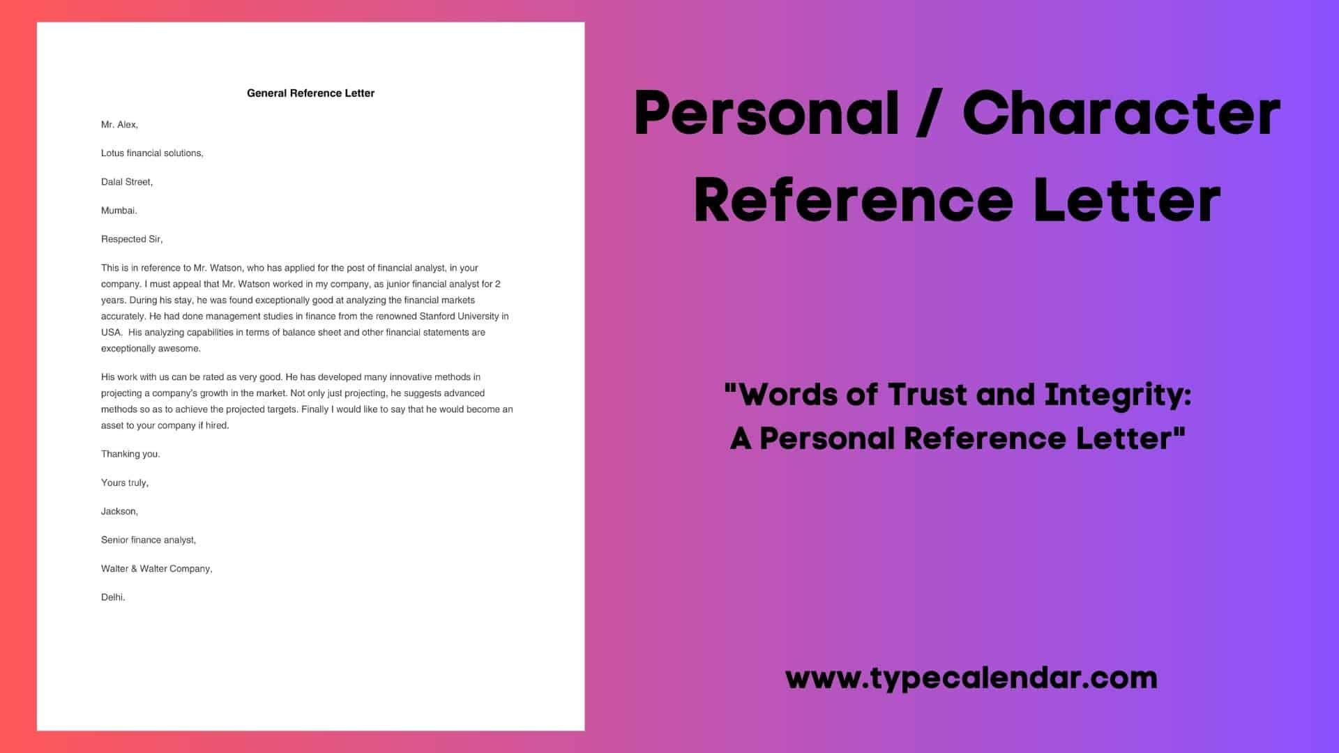 Free Printable Personal / Character Reference Letter Templates [Pdf] regarding Character Reference Letter For Friend Template Sample