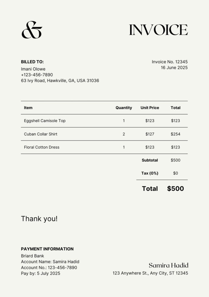 Business Invoice Sample Template