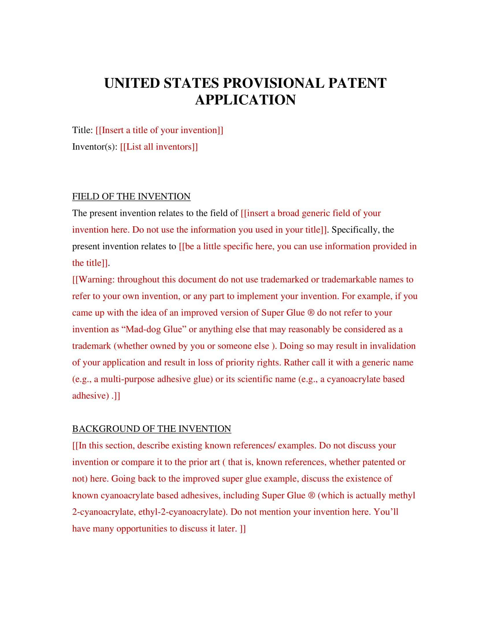 Free Printable Provisional Patent Application Templates [Pdf, Word] regarding Provisional Patent Application Sample Template