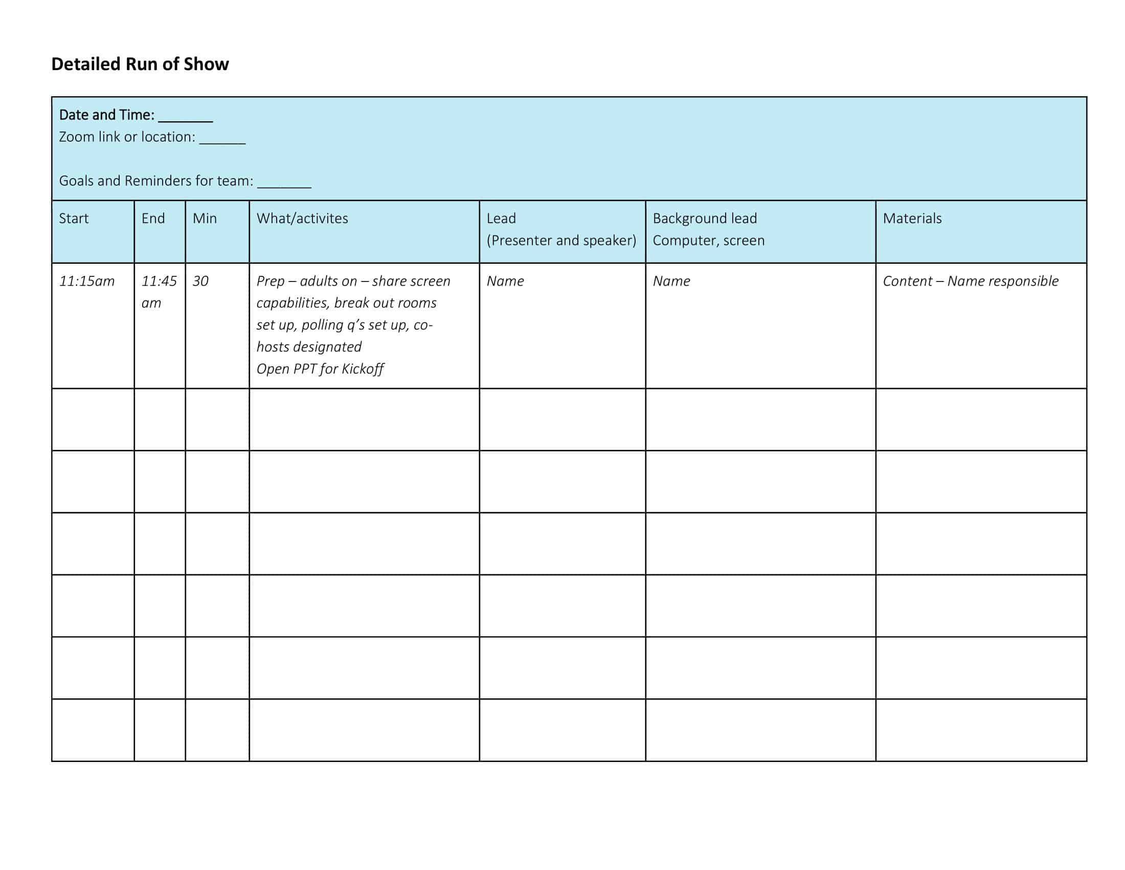 Free Printable Run Of Show Templates [Pdf, Word, Excel] Example within Run Of Show Sample Template