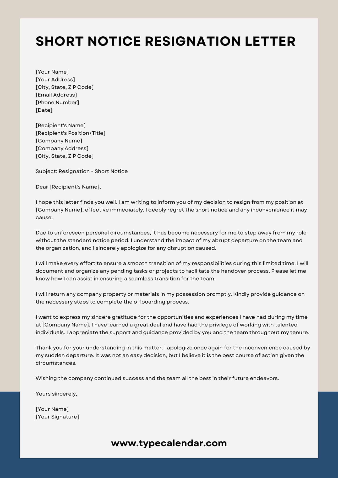 Free Printable Short Notice Resignation Letter Templates [Pdf, Word] regarding Free Resignation Letter Sample Templates