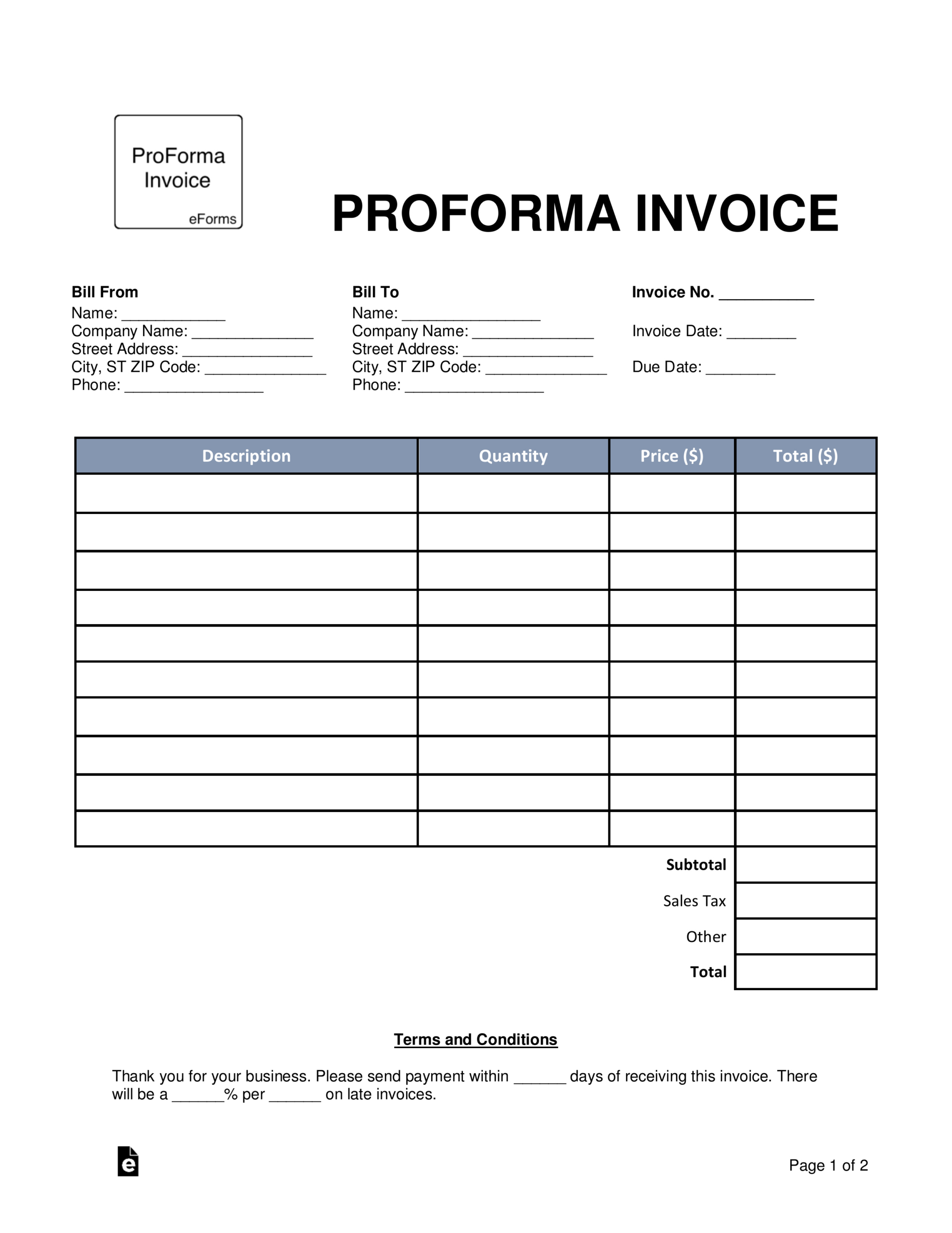 Free Proforma Invoice Template - Pdf | Word – Eforms with Proforma Invoice Template Sample