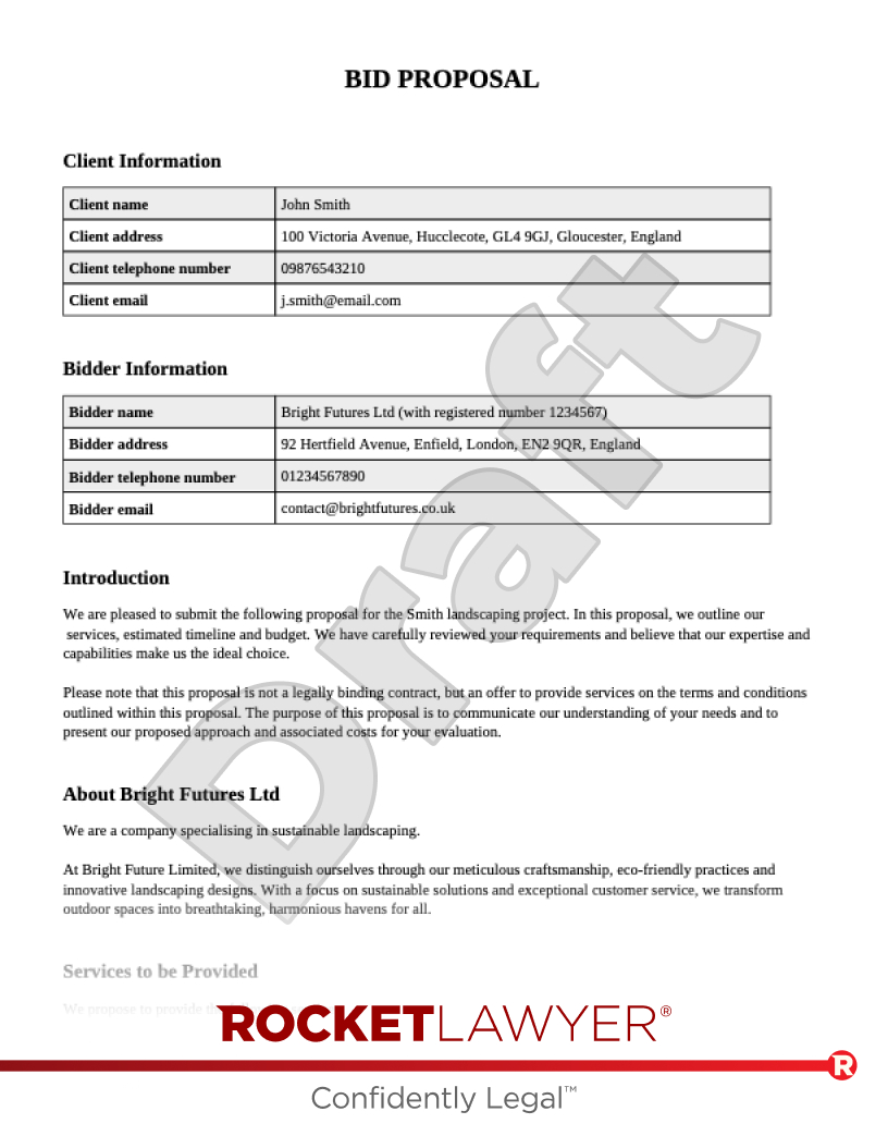 Free Project Bid Proposal | Template &amp;amp; Faqs - Rocket Lawyer Uk regarding Bid Proposal Template Sample