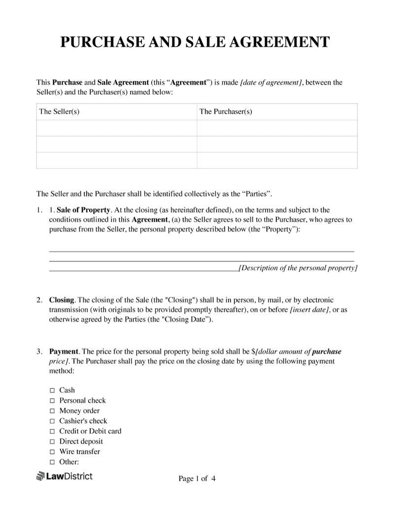 Free Purchase And Sale Agreement | Pdf &amp;amp; Word Form | Lawdistrict regarding Buy-Sell Agreement Sample Template