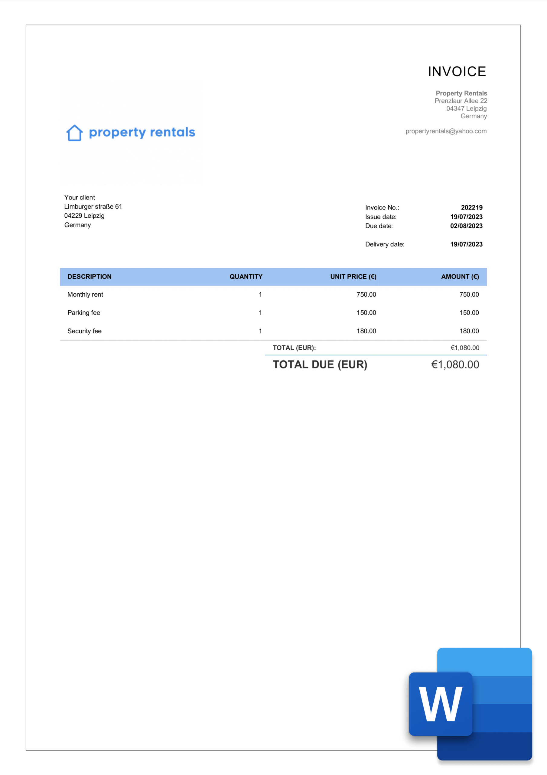 Free Rental Invoice Templates In Word | Billdu for Rent Invoice Sample Template